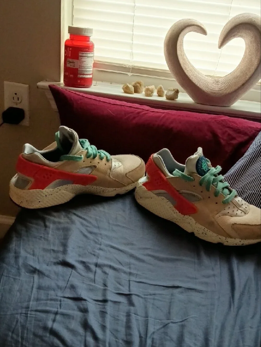 Nike Women's Cream Suede Sneakers with Teal Laces and Red Accents